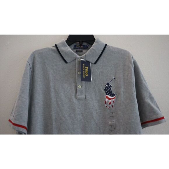 Polo Ralph Lauren Men's Sz L Gray Heather American Flag Pony Polo Shirt - Picture 3 of 7